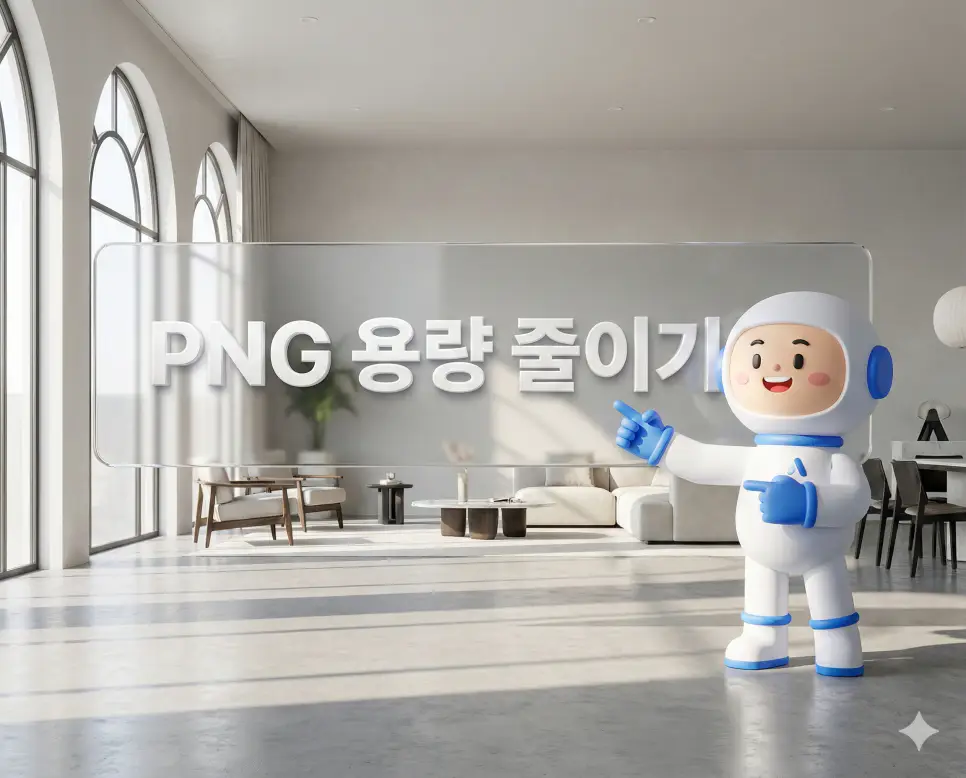 고급스러운 띠지 위로 선명하게 각인된 'PNG 용량 줄이기' 문구와 귀여운 캐릭터가 어우러진 알툴즈 스타일 메인 비주얼