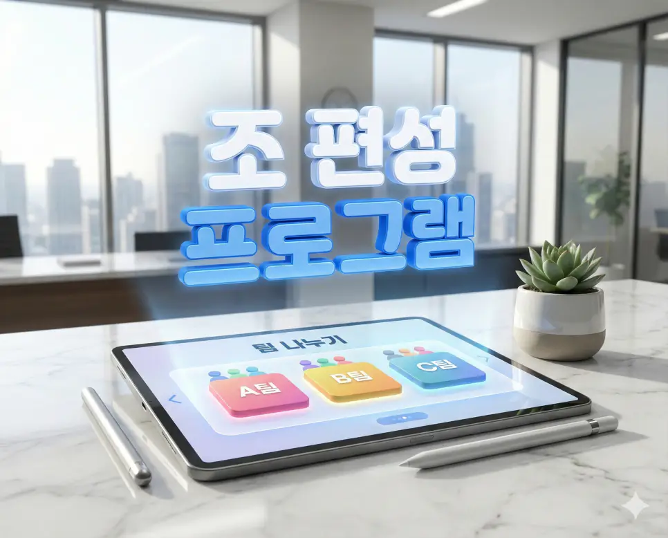 팀 나누기 랜덤 및 조 편성 프로그램 (이름/인원별 자동 생성기) 1 이름과 인원수를 설정하여 공정하게 조를 편성하는 팀 나누기 랜덤 프로그램의 메인 비주얼 이미지