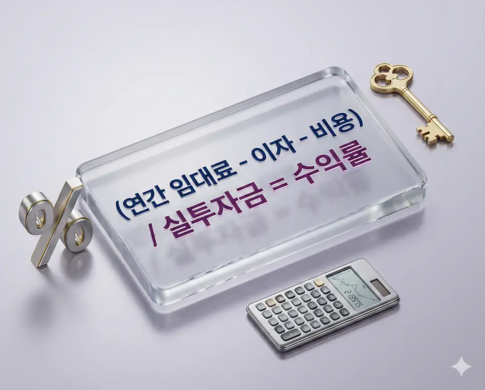 실투자금 대비 연간 순수익을 계산하여 부동산 투자 수익률(ROI)을 산출하는 공식을 설명하는 금융 인포그래픽