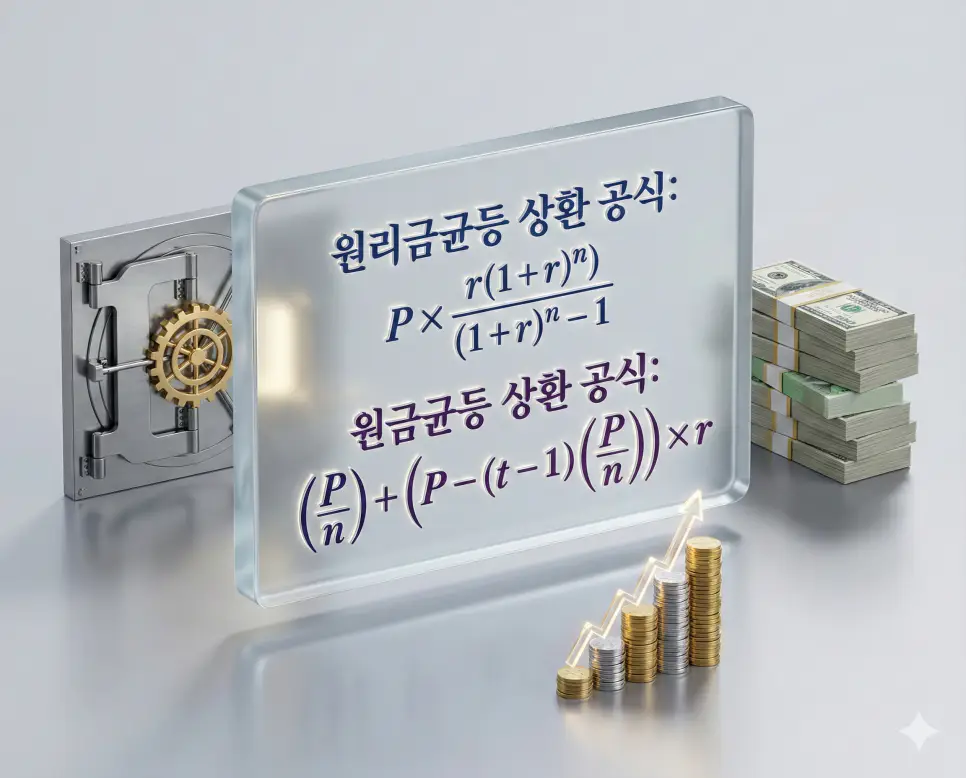 원리금 균등상환 계산기 - 원금 균등 상환 계산 및 체증식 상환 계산기 2 원리금 균등상환과 원금 균등상환의 차이점을 수학적 공식과 함께 시각화한 금융 상환 방식 인포그래픽