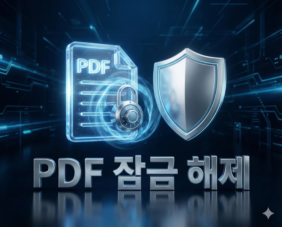 PDF 잠금 해제 : 문서 유출 걱정 없는 PDF 보안 해제 도구 1 PDF 잠금 해제 기능을 시각화한 세련된 블루 광원과 보안 방패 3D 타이틀 이미지